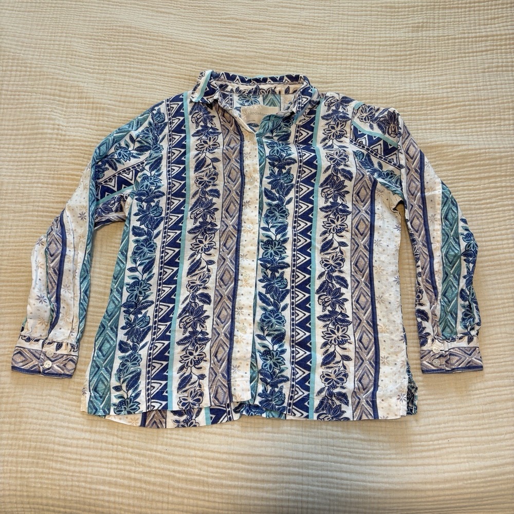 Liz Claiborne 100% Linen Top Sz Large Petite Long Sleeve Button Up Shirt Blue